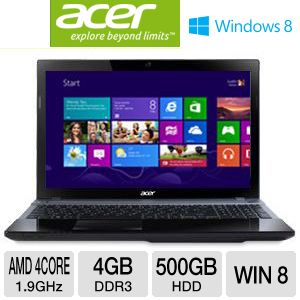 Acer Aspire V3-551-8469 15.6" Notebook PC w/ AMD Quad-Core A8-4500M 1.9GHz, 4GB DDR3, 500GB HDD, DVDRW, Windows 8